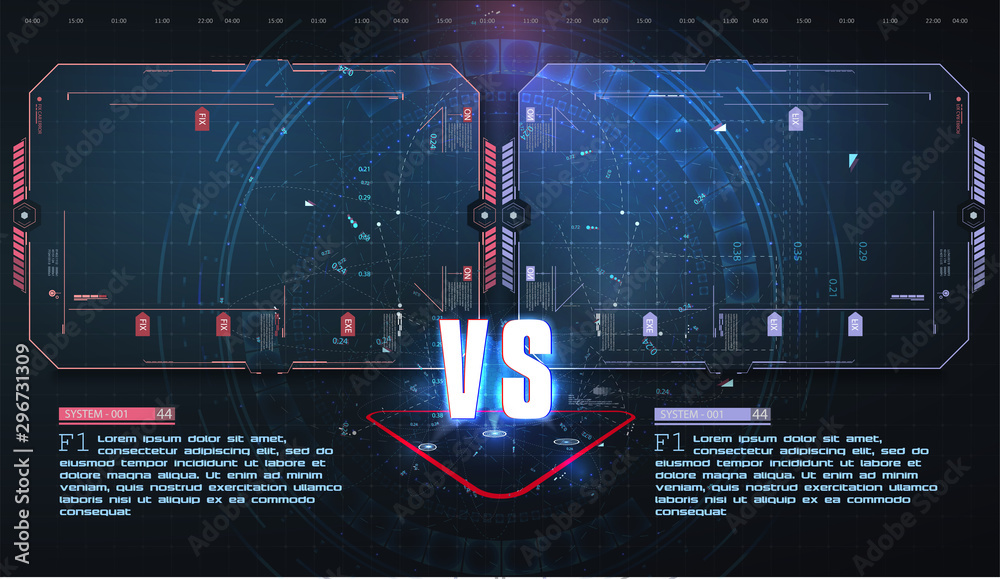 Aufkleber VS, Versus futuristic design. Battle headline template. Futuristic abstract technology background. HUD, UI, GUI Menu User Interface. Square аrames blocks. Sci-fi concept design. Modern tournament.