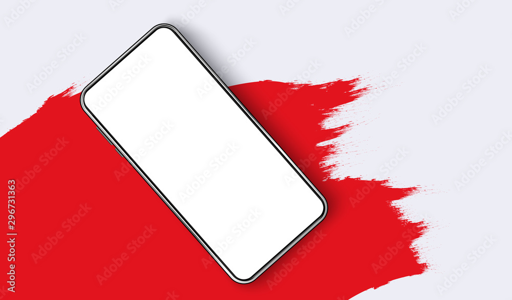 Poster Smartphone blank screen, phone mockup. The view from the top of the phone on a red spot. Template for infographics or presentation UI design interface. vector