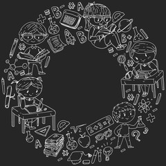 Back to school. Vector icons and elements for little children, college. Doodle style, kids drawing