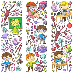 Back to school. Vector icons and elements for little children, college. Doodle style, kids drawing