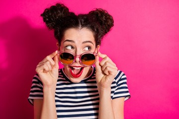 Close-up portrait of her she nice attractive glamorous lovely cheerful cheery girl touching specs...