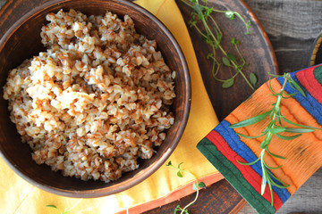 Buckwheat Porridge, top view, flat lay image