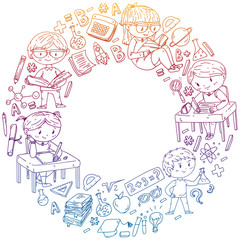 Back to school. Vector icons and elements for little children, college. Doodle style, kids drawing