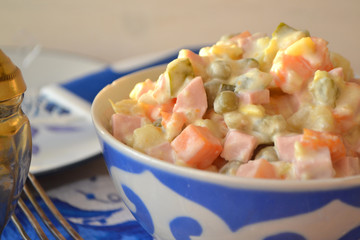 Olivier salad with mayonnaise, russian recipe fof New year.