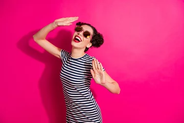 Fotobehang Portrait of her she nice-looking attractive glamorous lovely cheerful cheery glad glam girl having fun dancing isolated over bright vivid shine vibrant pink fuchsia color background © deagreez