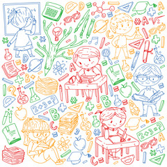 Back to school. Vector icons and elements for little children, college. Doodle style, kids drawing