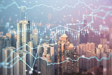 Forex graph on city view with skyscrapers background multi exposure. Financial analysis concept.