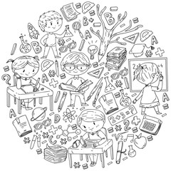 Back to school. Vector icons and elements for little children, college. Doodle style, kids drawing