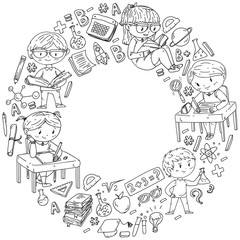 Back to school. Vector icons and elements for little children, college. Doodle style, kids drawing