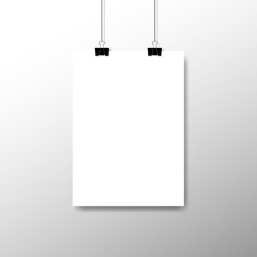 Blank white sheet of A4 paper on transparent background. Blank white poster template hanging on clips. Vector Advertising Booth Display Banner. Vector illustration