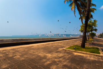 Scenic, wide, quiet, nice morning view of Mumbai's Marine drive/Nariman point, by the Arabian sea,...