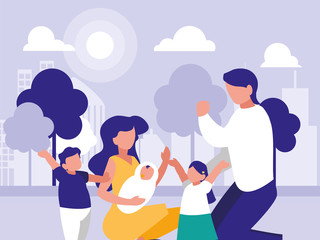 couple of parents and children in park in the city, scene of people outdoor