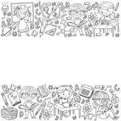 Back to school. Vector icons and elements for little children, college, online courses. Doodle style, kids drawing