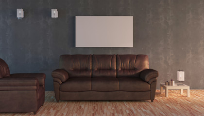 3d rendering of new living room with dark wall, leather sofa and mock-up pattern
