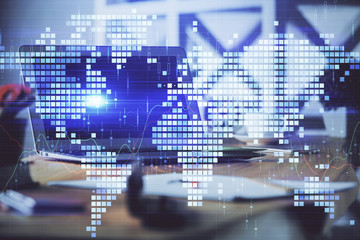 Multi exposure of business theme icons and table with computer background. Concept of success.