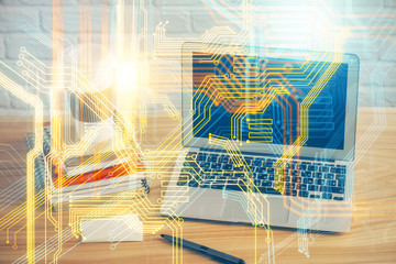 Multi exposure of table with computer and world map hologram. International data network concept.