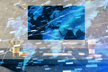 Technology theme drawing and table with computer. Double exposure. Concept of information.