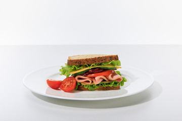 fresh sandwich with lettuce, ham, cheese, bacon and tomato on plate isolated on white