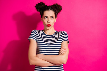 Photo of disappointed cute nice sweet pretty girl with arms crossed about to cry offended looking...