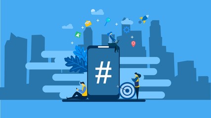 phone with hashtag sign,Tiny People Character Concept Vector Illustration, Suitable For Wallpaper, Background, Card, banner,Book Illustration, Web Landing Page