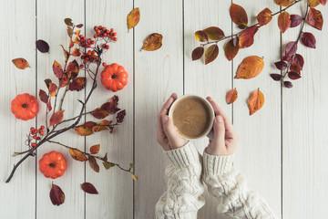 Woman with cup of coffee, leaves, small pumpkins and rowan on white retro wood boards. background. Autumn, fall concept. Flat lay, top view.
