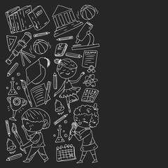 Cute school children. Imagination and creativity. Play and learn, singing, dancing, reading, drawing.