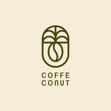 Coffee and Coconut Logo Template, Coffee bean and palm line art logo design .vector