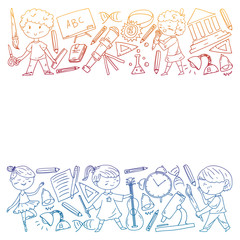 Cute school children. Imagination and creativity. Play and learn, singing, dancing, reading, drawing.