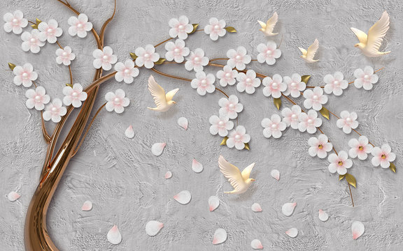 3d illustration, gray textured background, white flowers on curved branches, falling petals, soaring pigeons © TimKats