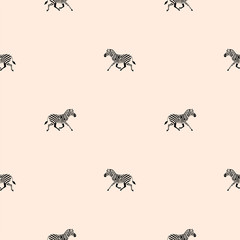 Seamless pattern with silhouettes of running zebras on light brown background. Vector 8 eps