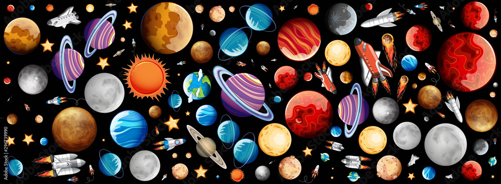 Wall mural background design with many planets in space