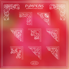 Pumpkins, Halloween, autumn signs and symbols. Hand drawn corners collection
