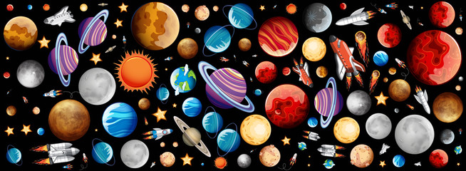 Background design with many planets in space - obrazy, fototapety, plakaty