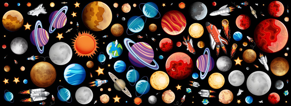 Background design with many planets in space