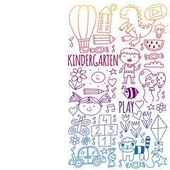 Cute school children. Imagination and creativity. Play and learn, singing, dancing, reading, drawing.