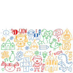 Vector pattern for kindergarten banners, posters with moon, planet, spaceship, rocket, sun, fruits, house, flowers. Creativity and imagination.