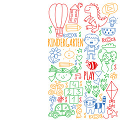 Vector pattern for kindergarten banners, posters with moon, planet, spaceship, rocket, sun, fruits, house, flowers. Creativity and imagination.
