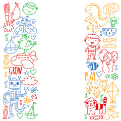 Vector pattern for kindergarten banners, posters with moon, planet, spaceship, rocket, sun, fruits, house, flowers. Creativity and imagination.