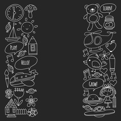 Vector pattern with little children. Kindergarten, play and grow together. Icons of toys and kids in doodle style