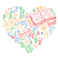 School, college, university, kindergarten pattern with vector elements and icons. Creativity and imagination.