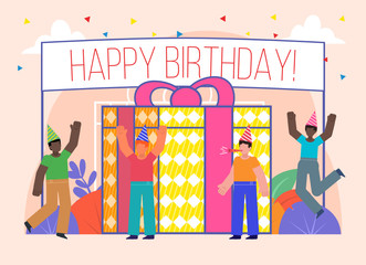 Happy birthday poster. Group of people celebrate, party near big gift box. Flat design vector illustration. Poster for social media, web page, banner, presentation