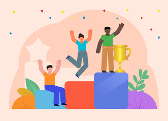 Career ladder, growth steps. People stand on pedestal, celebrate success, victory. Flat design vector illustration. Poster for social media, web page, banner, presentation