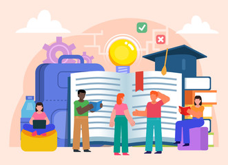 Education in university, graduation, preparing for exams. Group of students stand near big books. Flat design vector illustration. Poster for social media, web page, banner, presentation