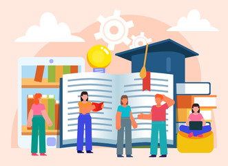 Prepare for university exams, study, education concept. Group of students stand near big books, e-reader. Flat design vector illustration. Poster for social media, web page, banner, presentation