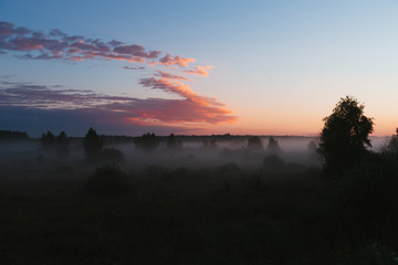 Noised Fantastic Sunset field fog landscape. Foggy field sunset panorama