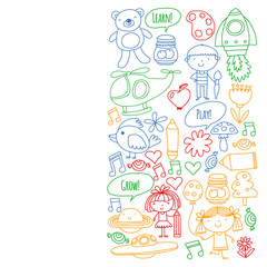 Vector pattern with little children. Kindergarten, play and grow together. Icons of toys and kids in doodle style