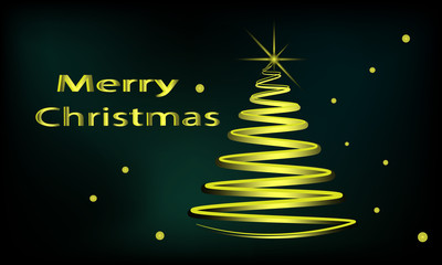 Merry Christmas greeting card, gold ribbon shaped as Christmas tree and gold confetti on black background.
