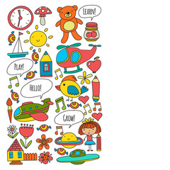 Obraz na płótnie Canvas Vector pattern with little children. Kindergarten, play and grow together. Icons of toys and kids in doodle style