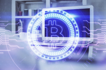 Multi exposure of blockchain theme hologram and table with computer background. Concept of bitcoin...