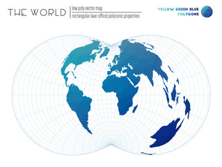 Polygonal world map. Rectangular (War Office) polyconic projection of the world. Yellow, Green, and Blue colored polygons. Trending vector illustration.